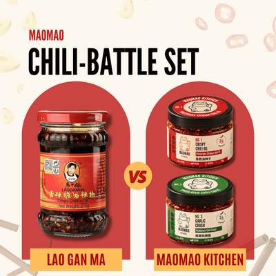 Chili-Battle Set: Lao Gan Ma 210g + MAOMAO Kitchen Chiliöl NO.1 & Knoblauch-Chili NO.3