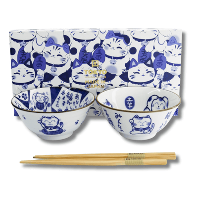 TOKYO DESIGN STUDIO Kawaii Cat Tayo Bowl Gift Set 2 Pieces with Chopsticks – 14.9x6.7 cm / 500 ml – Blue/White