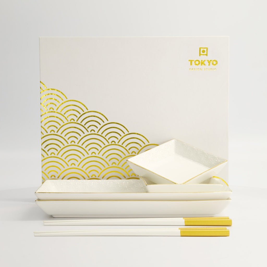 TOKYO DESIGN STUDIO Nippon Sushi Platten Set mit weißgoldenem Rand für 2 Personen - MAOMAO