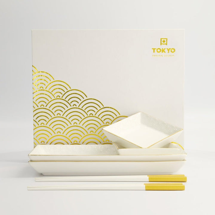TOKYO DESIGN STUDIO Nippon Sushi Platten Set mit weißgoldenem Rand für 2 Personen - MAOMAO