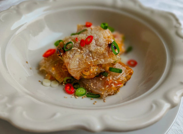 Rice paper dumplings with kimchi