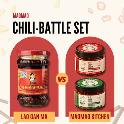 Chili-Battle Set: Lao Gan Ma 210g + MAOMAO Kitchen Chiliöl NO.1 & Knoblauch-Chili NO.3