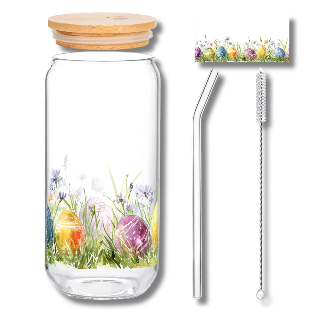 Alphynix Oster-Tee-Glas 500ml mit Holzdeckel & Glasstrohhalm- buntes Ei & Blumenmuster