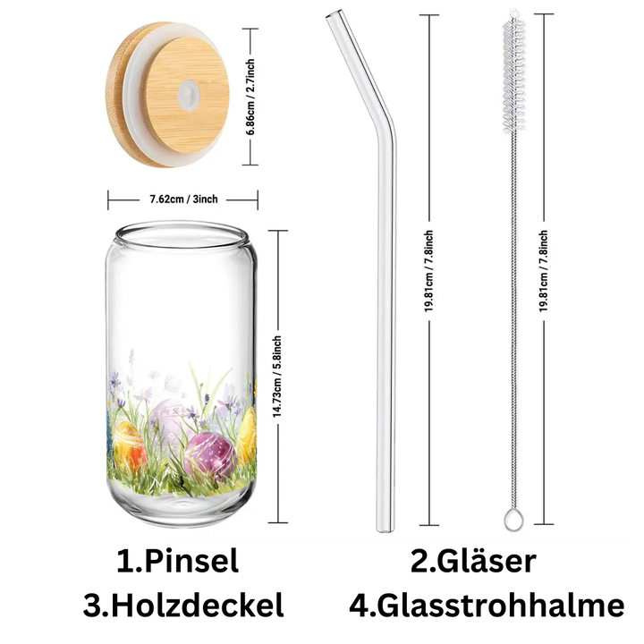 Alphynix Oster-Tee-Glas 500ml mit Holzdeckel & Glasstrohhalm- buntes Ei & Blumenmuster