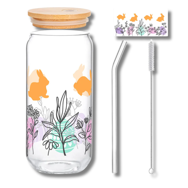 Alphynix Oster-Glas 500ml mit Bambusdeckel & Glasstrohhalm – Kaninchen- & Osterei-Muster