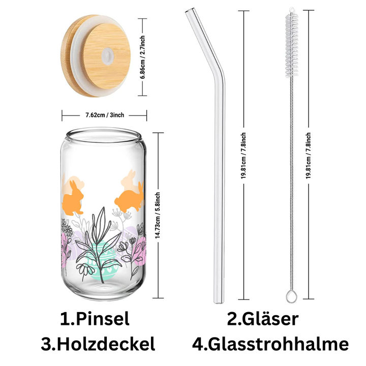 Alphynix Oster-Glas 500ml mit Bambusdeckel & Glasstrohhalm – Kaninchen- & Osterei-Muster