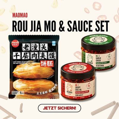 (KW) Rou Jia Mo Sauce Set: Rou Jia Mo Brot + MAOMAO Kitchen Chiliöl NO.1 & Knoblauch-Chili NO.3