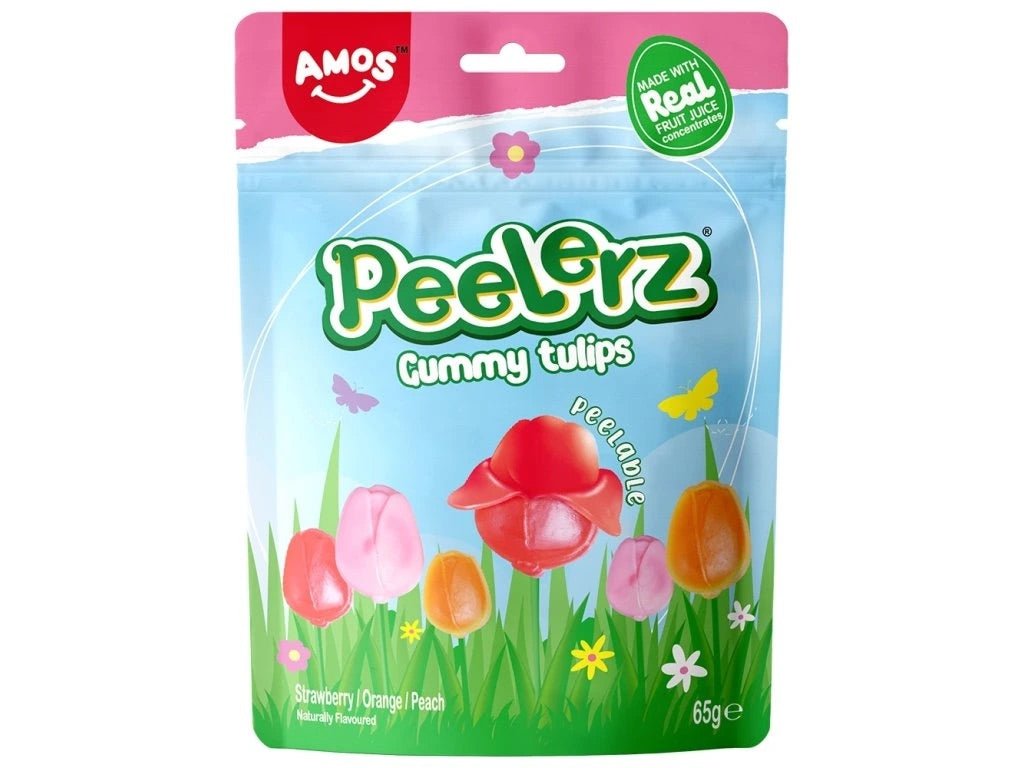 AMOS Peelerz Schälbare Fruchtgummi-Tulpen Erdbeere, Orange & Pfirsich 65g - MAOMAO