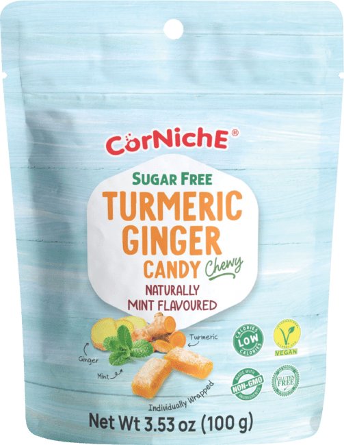 CORNICHE Sugar-Free Chewy Sweets with Turmeric and Ginger Mint Flavour 100g
