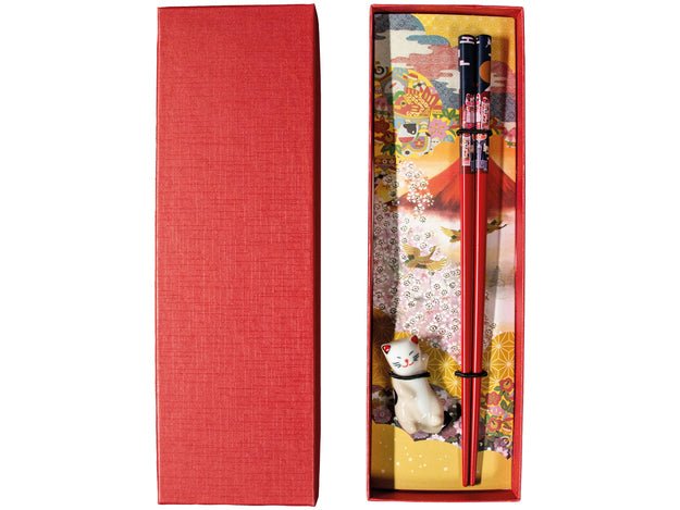 Chopstick Set Lucky Cat (1 Pair Chopsticks & 1 Ceramic Holder)