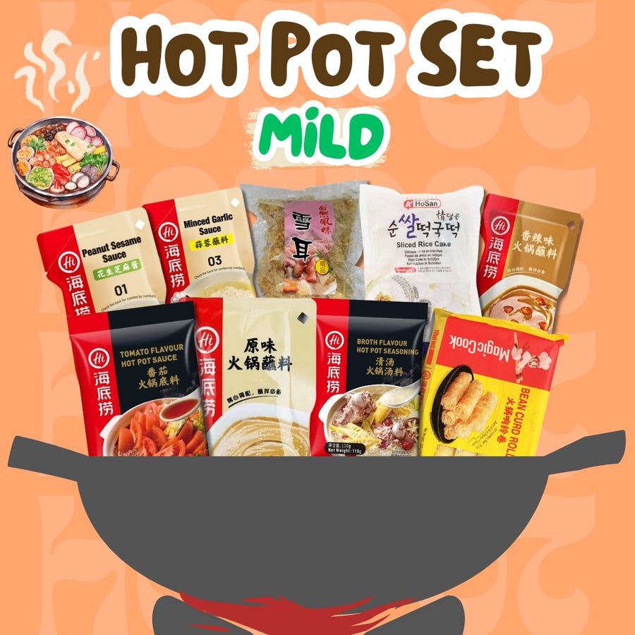 Mildes Hotpot Set mit Haidilao Brühen, Soßen, Tofu-Röllchen, Pilzen und Reiskuchen – MAOMAO Asia Markt.