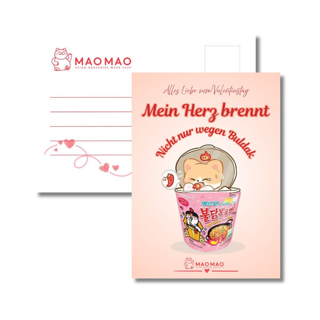 Postkarte „Mein Herz brennt - Nicht nur wegen Buldak“ (DIN A6) - MAOMAO