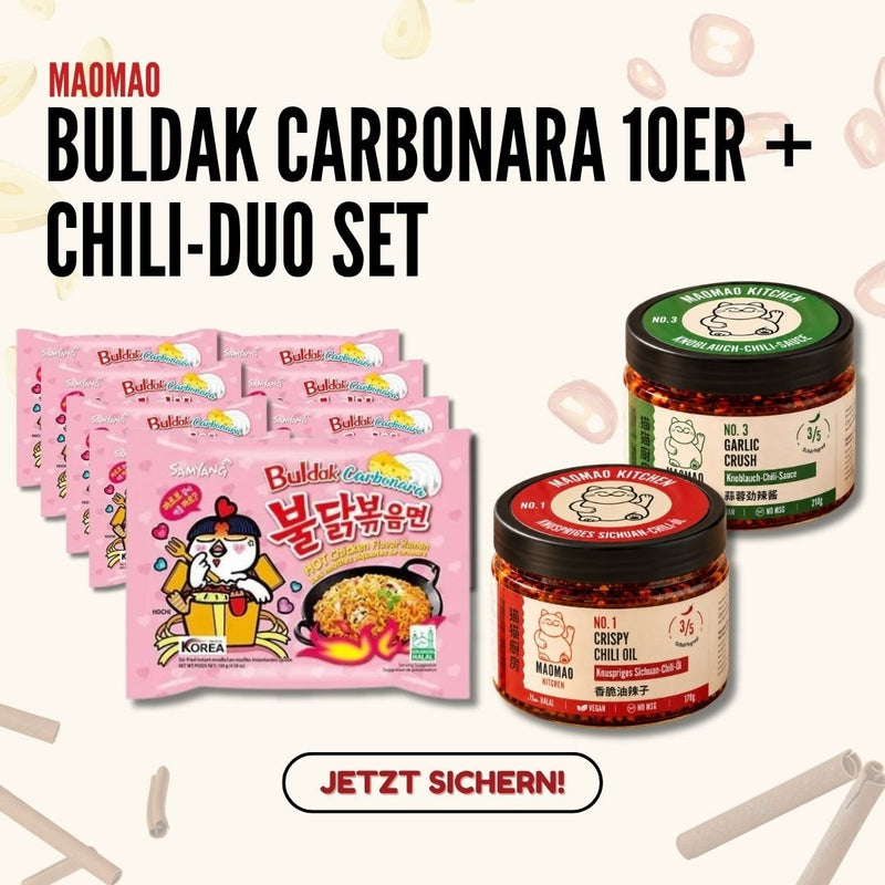 Samyang Buldak Carbonara 10er + MAOMAO Kitchen Chili-Duo (NO.1 & NO.3) Set