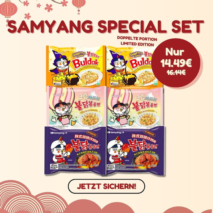 Samyang Special Set mit 6 koreanischen Instant Nudeln: je 2x Quattro Cheese, Cream Carbonara und Sweet & Spicy Fried Chicken – MAOMAO Asia Markt.