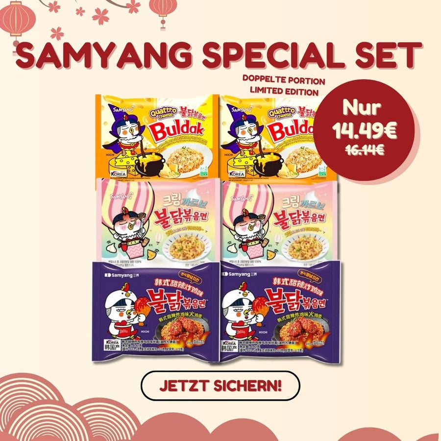Samyang Special Set mit 6 koreanischen Instant Nudeln: je 2x Quattro Cheese, Cream Carbonara und Sweet & Spicy Fried Chicken – MAOMAO Asia Markt.