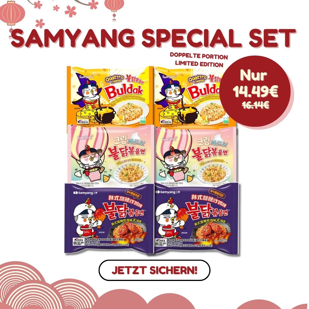 Samyang Special Set mit 6 koreanischen Instant Nudeln: je 2x Quattro Cheese, Cream Carbonara und Sweet & Spicy Fried Chicken – MAOMAO Asia Markt.