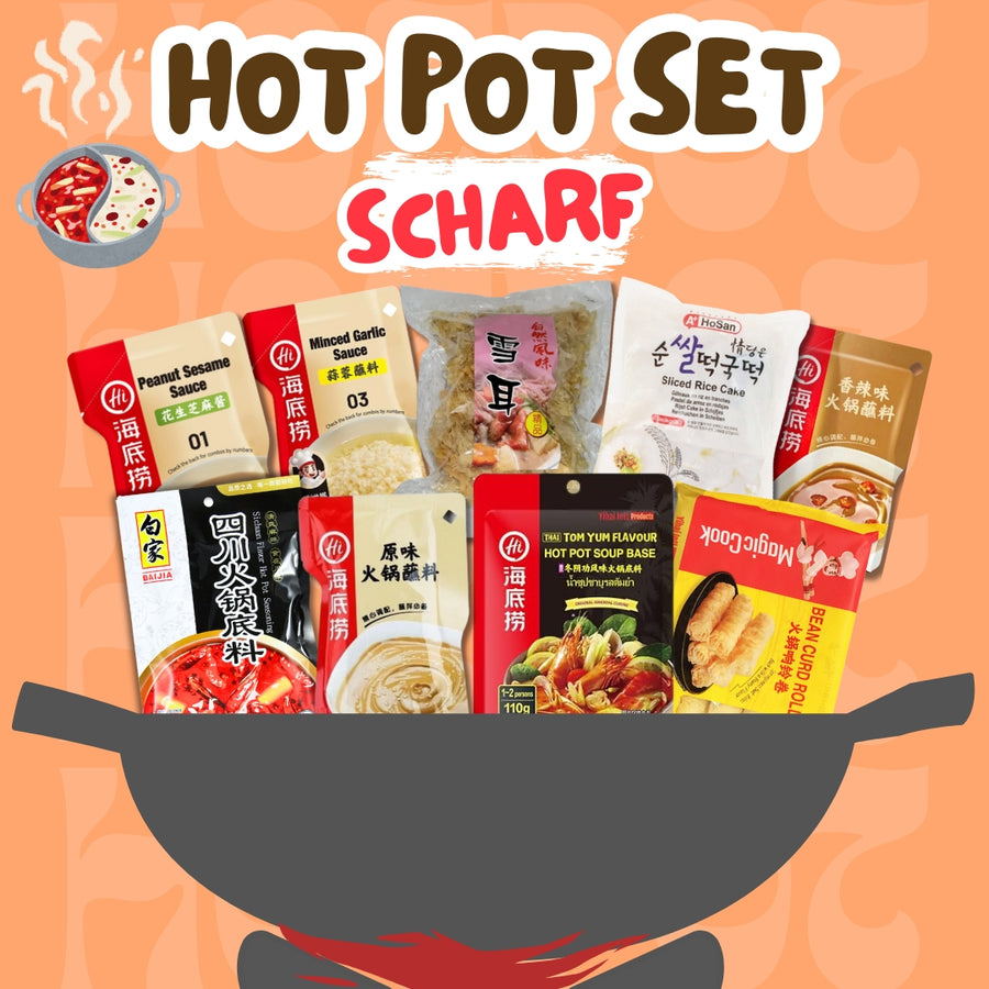Scharfes Hotpot Set mit Haidilao und Baijia Brühen, Soßen, Tofu-Röllchen, Pilzen und Reiskuchen – MAOMAO Asia Markt.