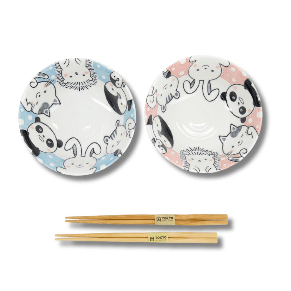 TOKYO DESIGN STUDIO Kawaii Animals Tayo Bowl Geschenkset 2 Stück mit Essstäbchen – 15,2x6,7 cm / 500 ml – Blau/Rosa - MAOMAO