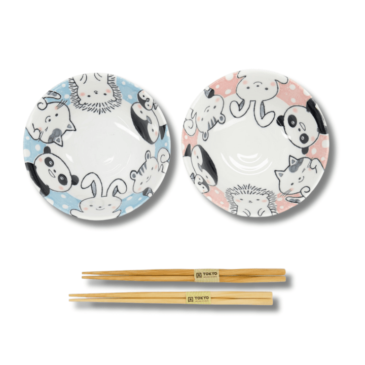 TOKYO DESIGN STUDIO Kawaii Animals Tayo Bowl Geschenkset 2 Stück mit Essstäbchen – 15,2x6,7 cm / 500 ml – Blau/Rosa - MAOMAO