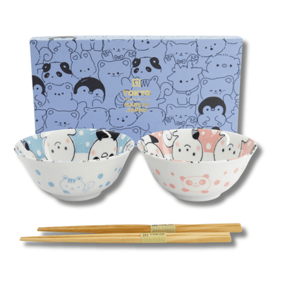 TOKYO DESIGN STUDIO Kawaii Animals Tayo Bowl Gift Set 2 Pieces with Chopsticks - 15.2x6.7 cm / 500 ml - Blue/Pink