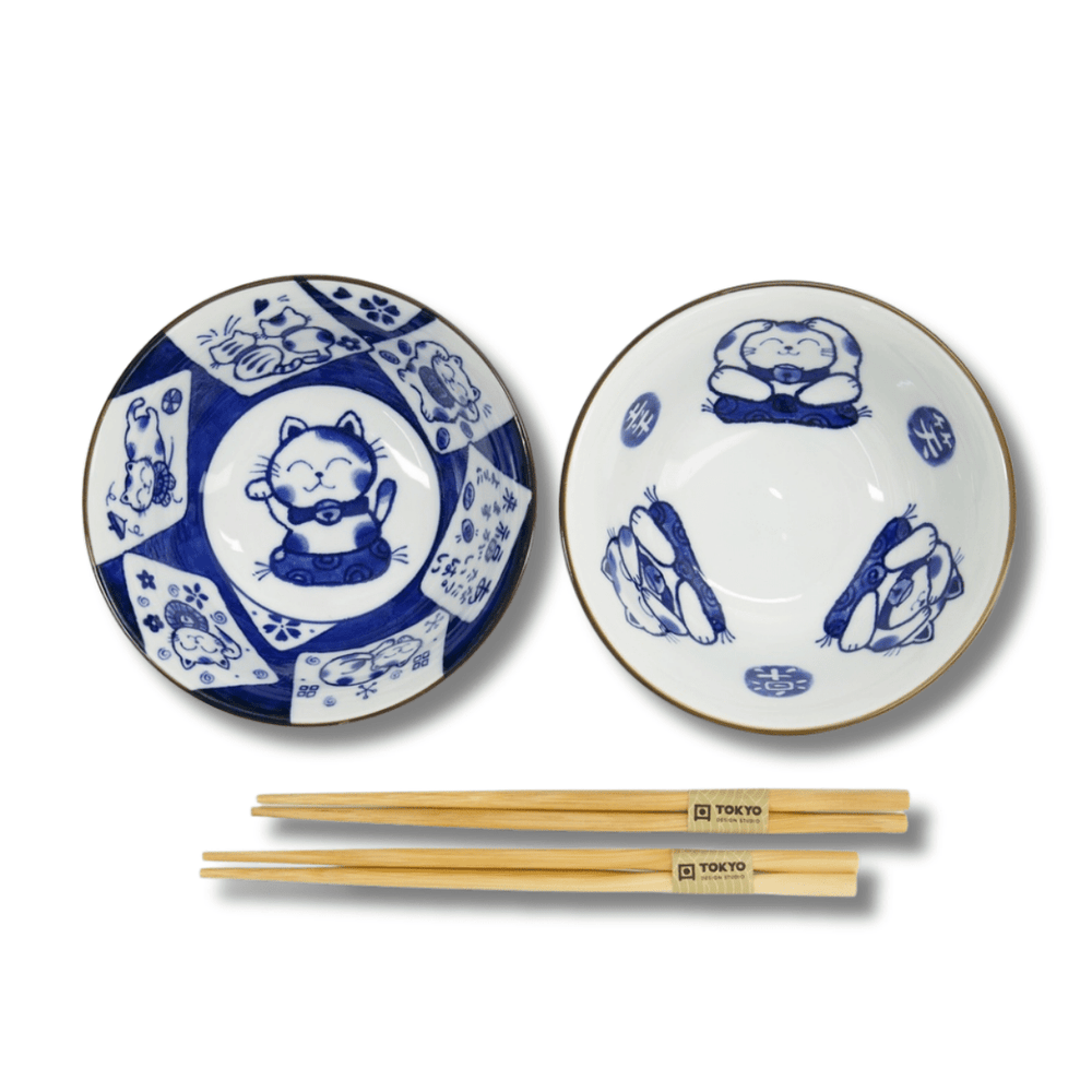 TOKYO DESIGN STUDIO Kawaii Cat Tayo Bowl Geschenkset 2 Stück mit Essstäbchen – 14,9x6,7 cm / 500 ml – Blau/Weiß - MAOMAO
