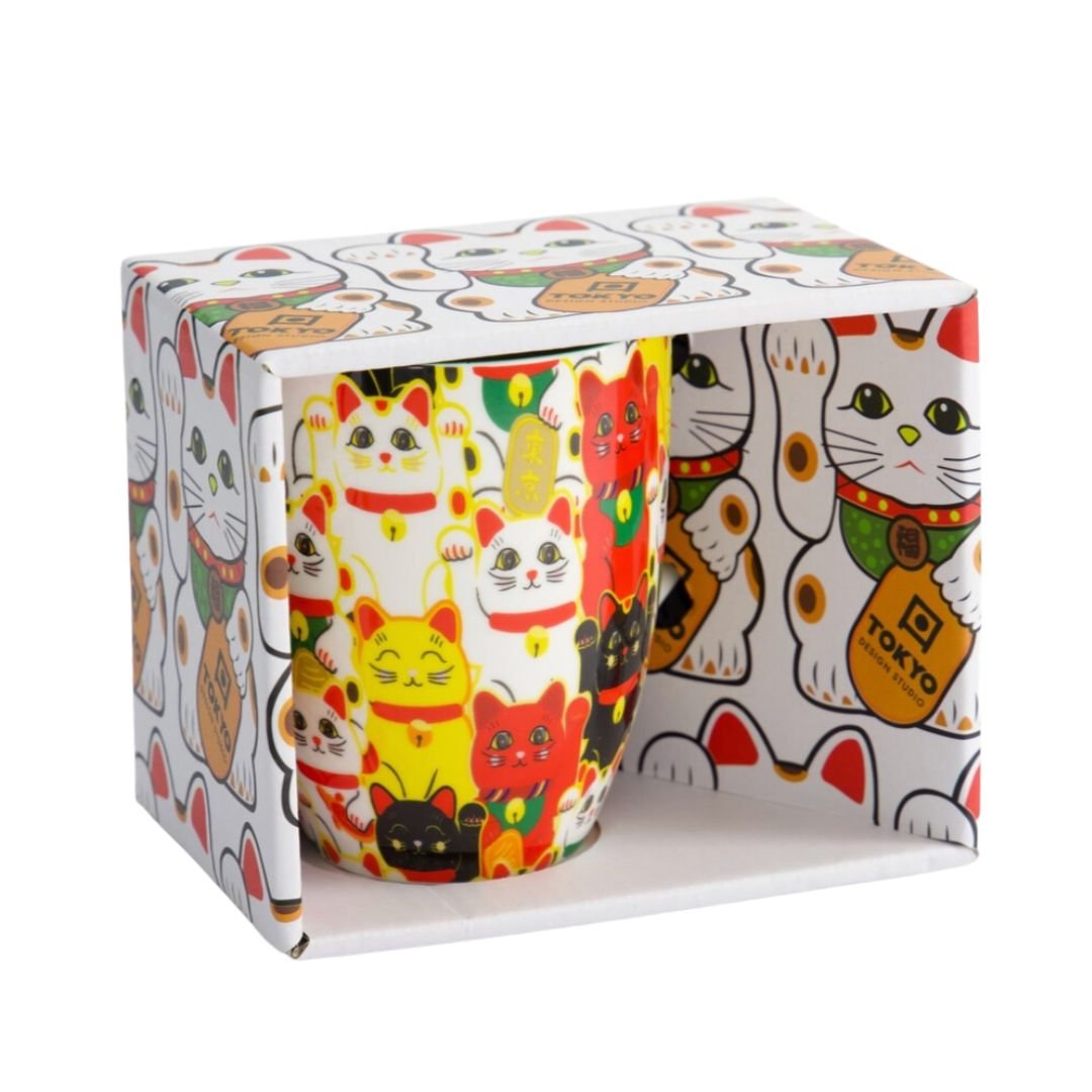 TOKYO DESIGN STUDIO Kawaii Glückskatze Tasse mit Geschenkschachtel – Bunte Katzen (8,5x10,2 cm, 380 ml) - MAOMAO
