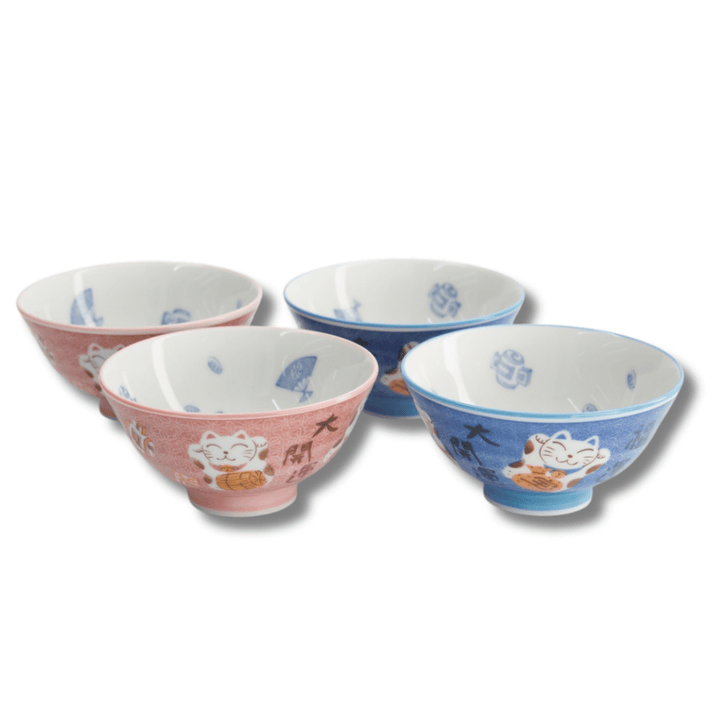 TOKYO DESIGN STUDIO Kawaii Lucky Cat Blue/Pink Reisschalen Geschenkset 4 Stück – 11,3x5,8 cm / 300 ml (A) - MAOMAO