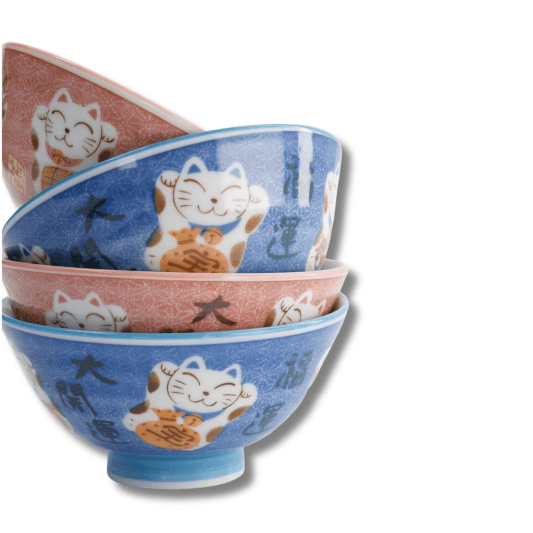 TOKYO DESIGN STUDIO Kawaii Lucky Cat Blue/Pink Reisschalen Geschenkset 4 Stück – 11,3x5,8 cm / 300 ml (A) - MAOMAO