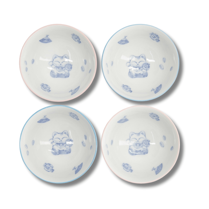 TOKYO DESIGN STUDIO Kawaii Lucky Cat Blue/Pink Reisschalen Geschenkset 4 Stück – 11,3x5,8 cm / 300 ml (A) - MAOMAO
