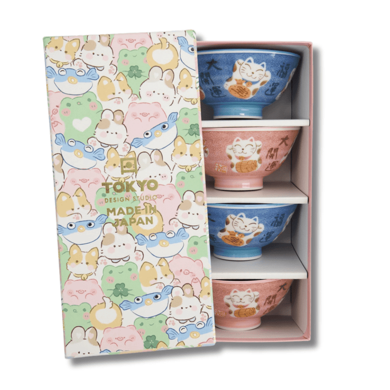TOKYO DESIGN STUDIO 可爱招财猫蓝色/粉色饭碗礼盒4件套 – 11.3x5.8厘米 / 300毫升 (A)