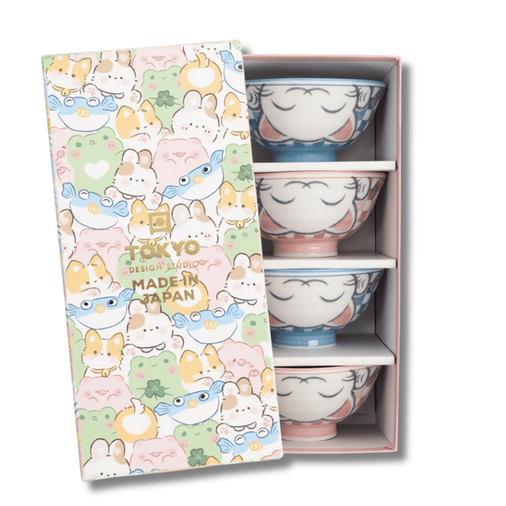 TOKYO DESIGN STUDIO Kawaii Lucky Cat Blue/Pink Reisschalen Geschenkset 4 Stück – 11,3x5,8 cm / 300 ml (B) - MAOMAO