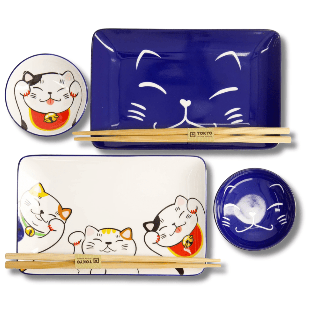 TOKYO DESIGN STUDIO Kawaii Lucky Cat Sushi Geschenkset 6 - teilig – Blau/Weiß - MAOMAO
