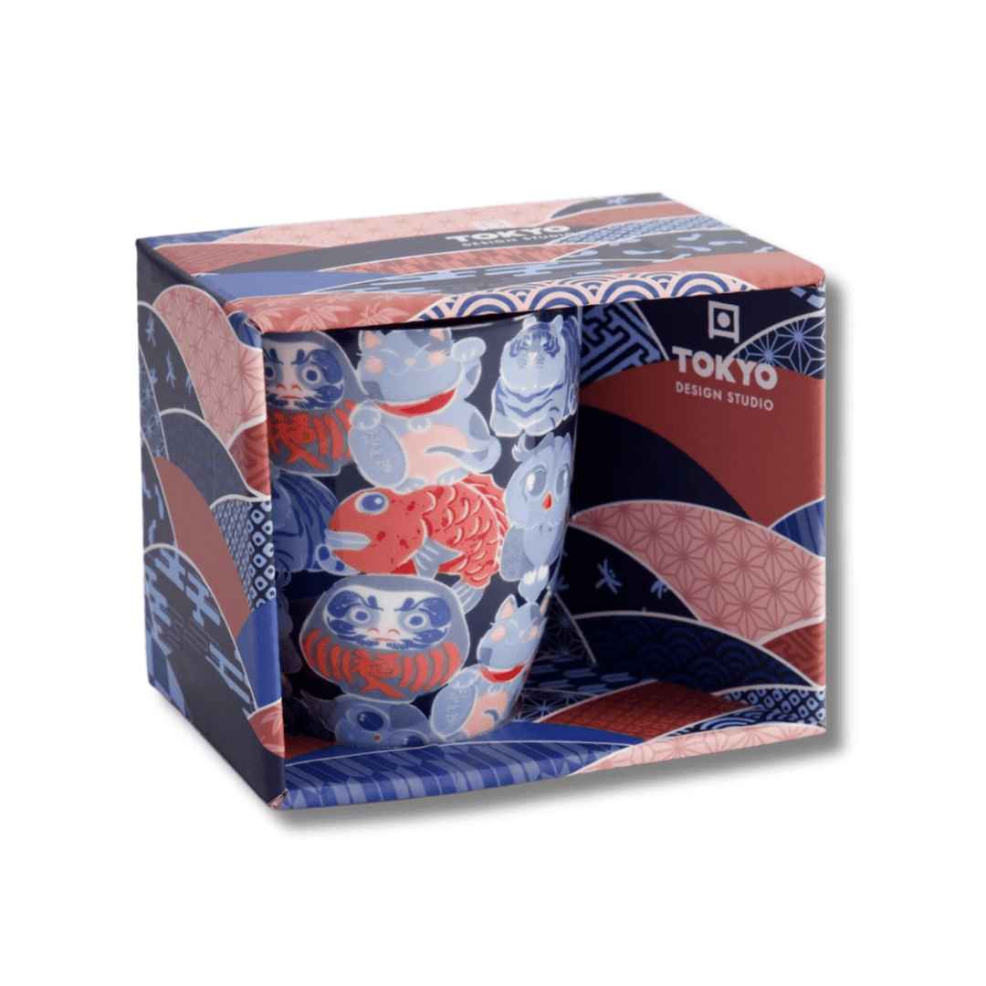 TOKYO DESIGN STUDIO Kawaii Lucky Daruma Lucky Cat Mug mit Geschenkbox – 8,5x10,2 cm / 340 ml - MAOMAO