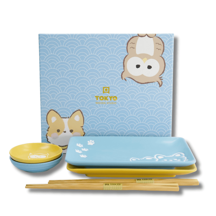 TOKYO DESIGN STUDIO Kawaii Shiba Owl Sushi Geschenkset 6 - teilig – Blau/Gelb - MAOMAO