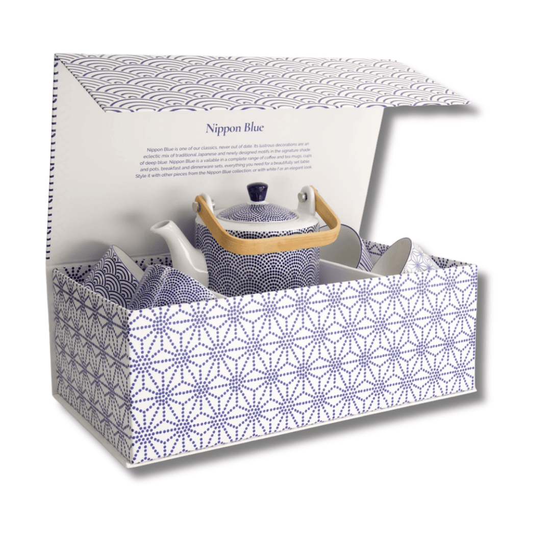 TOKYO DESIGN STUDIO Nippon Blue Tea Giftset Dots 0,8 l mit 4 Tassen – Lines/Star/Dots/Wave - MAOMAO