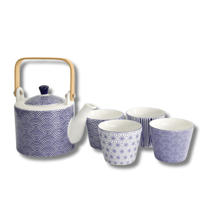 TOKYO DESIGN STUDIO Nippon Blue Tea Giftset Dots 0,8 l mit 4 Tassen – Lines/Star/Dots/Wave - MAOMAO