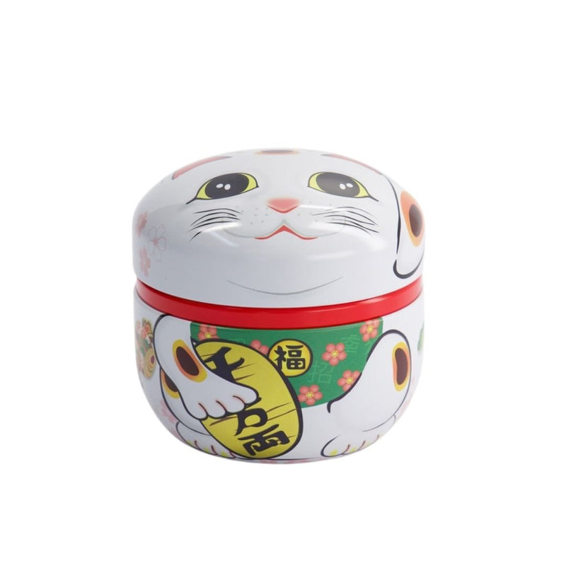 White Maneki Neko Stainless Steel Tea Caddy (8.6 x 8.4 cm, 100 g)